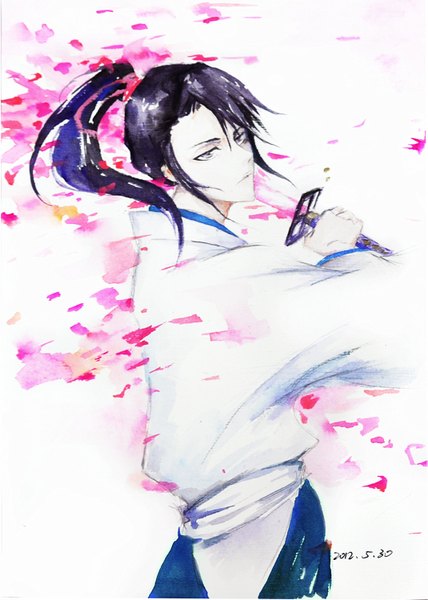 Anime picture 1069x1500 with bleach studio pierrot kuchiki byakuya pixiv id 4396501 single long hair tall image simple background white background holding looking away ponytail traditional clothes japanese clothes pale skin boy weapon petals sword katana