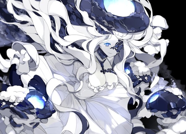 Anime picture 1400x1012 with kantai collection abyssal jellyfish hime miyuki (miyuki0529) single long hair breasts blue eyes light erotic large breasts white hair blurry looking down wavy hair white skin girl dress white dress teardrop