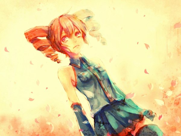 Anime picture 1024x768 with pixiv utau kasane teto oharu single fringe highres standing bare shoulders looking away red hair pink eyes drill hair wide hips girl skirt detached sleeves petals vest