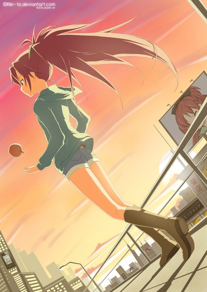 Anime picture 1416x2000 with mahou shoujo madoka magica shaft (studio) sakura kyouko riki-to single long hair tall image brown hair brown eyes sky cloud (clouds) ponytail sunlight from below city evening sunset girl shorts thigh boots