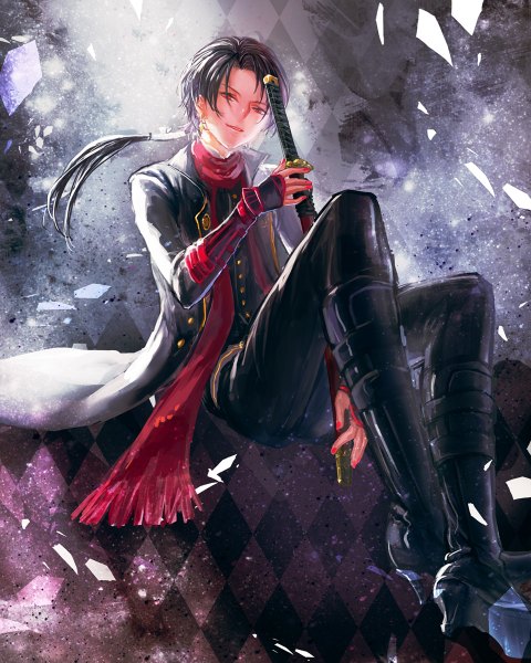 Anime picture 960x1200 with touken ranbu nitroplus kashuu kiyomitsu yamakawa umi single long hair tall image looking at viewer black hair red eyes sitting full body bent knee (knees) nail polish parted lips mole low ponytail mole under mouth red nail polish rhombus