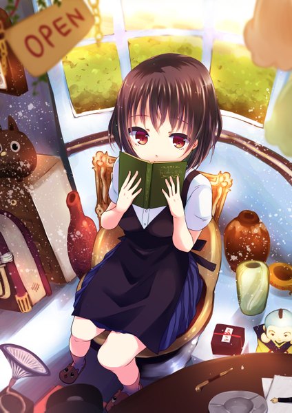Anime picture 1984x2805 with original gucchiann single tall image highres short hair red eyes brown hair sitting girl dress book (books) apron