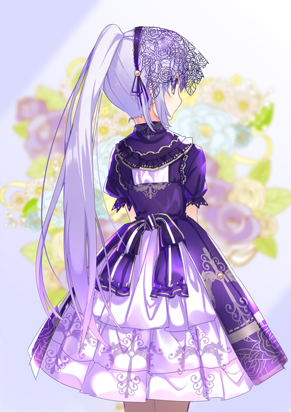 Anime picture 707x1000 with original nyori single long hair tall image blush simple background standing yellow eyes payot looking away purple hair ponytail profile from behind blurry grey background short sleeves puffy sleeves girl