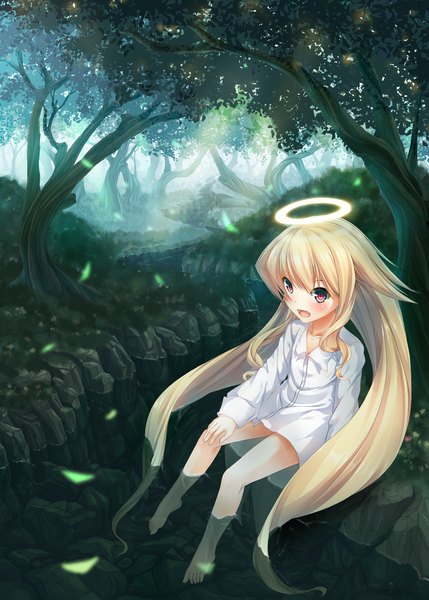 Anime picture 1296x1813 with arcana heart angelia avallone re:n ne single long hair tall image blush open mouth blonde hair red eyes barefoot loli girl plant (plants) shirt tree (trees) water halo