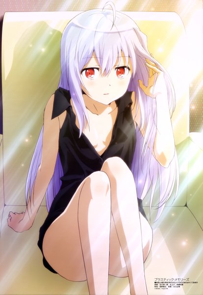 Anime picture 4091x5931 with plastic memories megami magazine isla (plastic memories) single long hair tall image looking at viewer highres light erotic red eyes sitting absurdres white hair official art bare legs girl