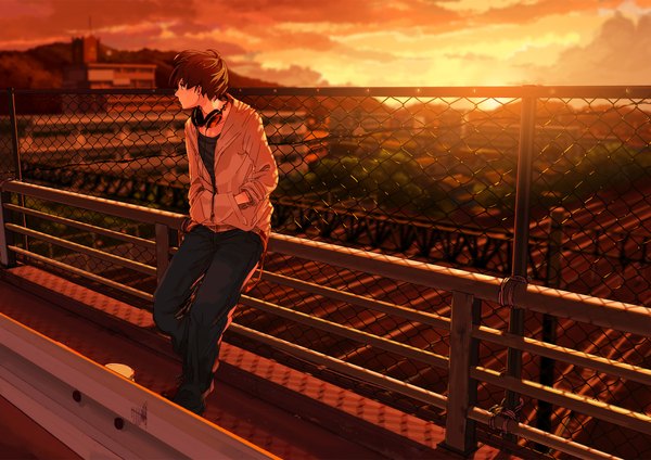Anime picture 2104x1488 with original kuronokuro single highres short hair brown hair brown eyes sky cloud (clouds) profile wind city cityscape hands in pockets twilight boy shoes boots headphones building (buildings)