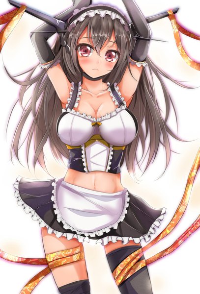 Anime picture 1416x2088 with kantai collection nagato battleship velia (artist) single long hair tall image black hair red eyes maid midriff girl thighhighs gloves navel hair ornament ribbon (ribbons) black thighhighs black gloves elbow gloves frills