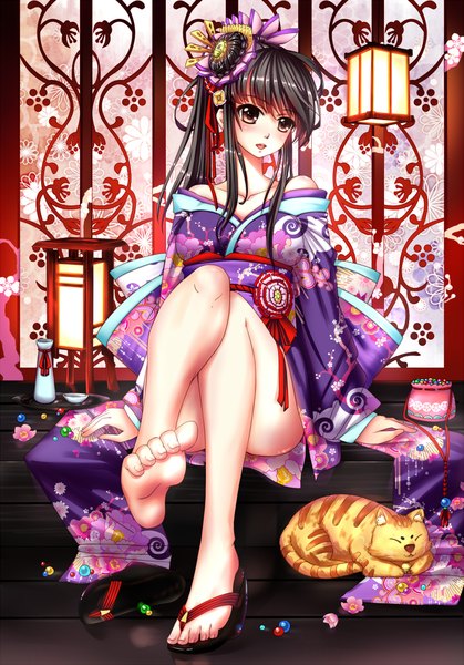 Anime picture 699x1000 with original firebate lancerlzy single long hair tall image blush open mouth black hair sitting brown eyes ponytail traditional clothes japanese clothes barefoot bare legs legs girl hair ornament flower (flowers)