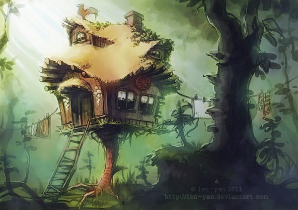Anime picture 1000x707 with original len-yan (artist) signed nature underwear plant (plants) tree (trees) building (buildings) forest stairs house rooster