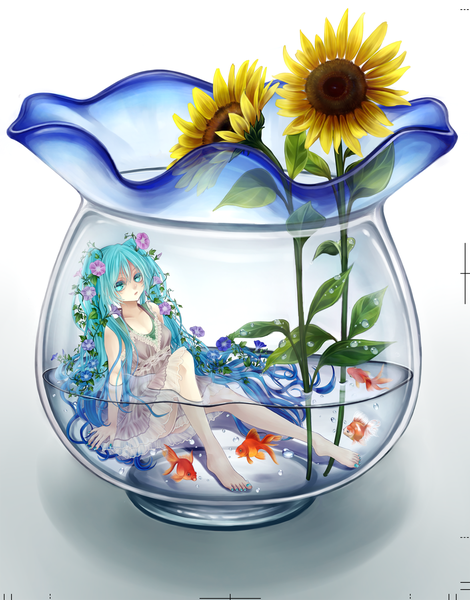 Anime picture 1175x1500 with vocaloid hatsune miku shio (blacksio) single tall image twintails very long hair barefoot aqua hair legs girl flower (flowers) water sundress fish (fishes) sunflower aquarium morning glory