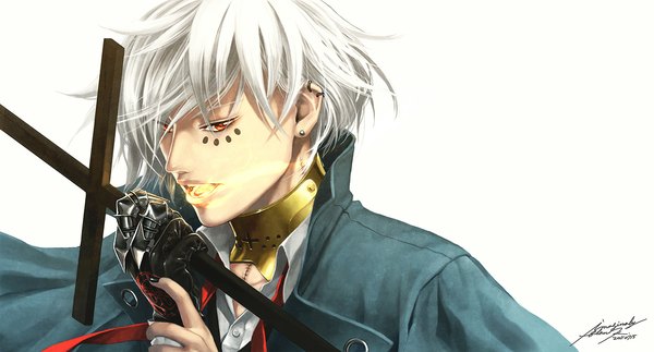 Anime picture 1105x595 with original imaginaly blank (artist) single short hair open mouth simple background red eyes wide image white background signed white hair nail polish off shoulder piercing glowing scar open collar face paint boy gloves