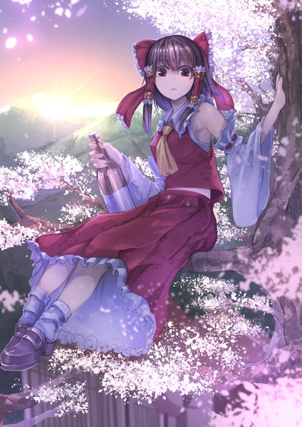 Anime picture 1157x1637 with touhou hakurei reimu koruse single long hair tall image looking at viewer brown hair brown eyes cherry blossoms girl skirt bow plant (plants) hair bow detached sleeves petals tree (trees) skirt set