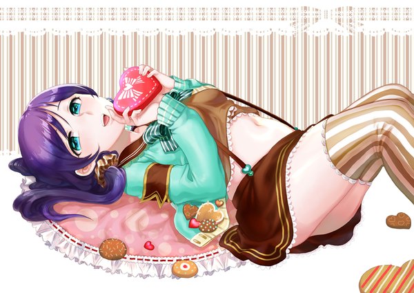 Anime picture 1000x707 with love live! school idol project sunrise (studio) love live! toujou nozomi julion (akesuzu) single long hair blush open mouth blue eyes light erotic purple hair ponytail lying girl thighhighs skirt navel striped thighhighs cookie (cookies)