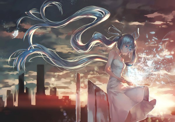 Anime picture 2000x1402 with vocaloid hatsune miku azomo single highres twintails bare shoulders looking away sky cloud (clouds) outdoors very long hair aqua eyes wind sunlight aqua hair city girl dress ribbon (ribbons)