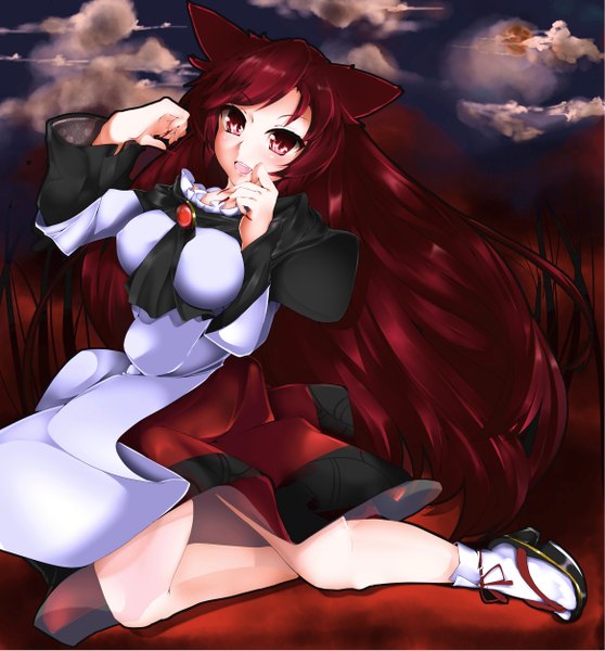 Anime picture 2332x2510 with touhou imaizumi kagerou kinou no shika single long hair tall image looking at viewer blush highres open mouth animal ears purple hair cloud (clouds) girl dress socks moon white socks