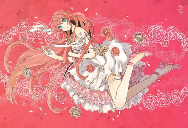 Anime picture 1300x890 with vocaloid megurine luka single long hair looking at viewer simple background bare shoulders red hair lying very long hair aqua eyes tattoo high heels pink background red background girl dress flower (flowers) ribbon (ribbons) hair ribbon