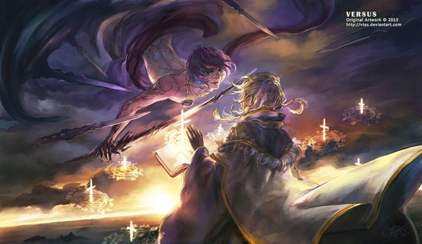 Anime picture 1000x579 with vtas long hair short hair blue eyes blonde hair smile wide image purple hair cloud (clouds) wind night tattoo night sky back magic face to face weightlessness morning sunrise boy