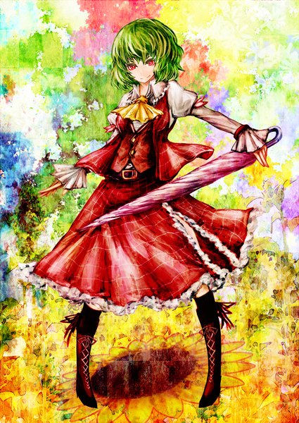 Anime picture 1500x2119 with touhou kazami yuuka akasia single tall image short hair smile red eyes green hair lacing closed umbrella girl dress skirt boots umbrella skirt set