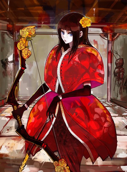 Anime picture 739x1000 with canking single long hair tall image looking at viewer blue eyes black hair hair flower girl gloves hair ornament flower (flowers) weapon bow (weapon) arrow (arrows)