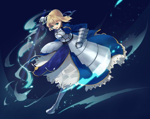 Anime picture 1200x955 with fate (series) fate/stay night studio deen type-moon artoria pendragon (all) saber soramiti single open mouth blonde hair green eyes ahoge girl dress weapon sword boots thigh boots gauntlets armored dress