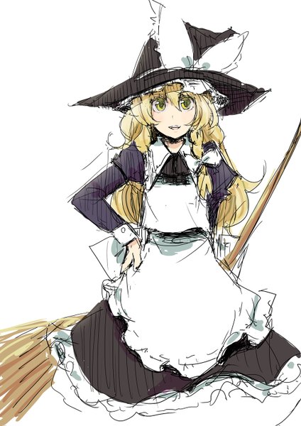 Anime picture 1000x1415 with touhou kirisame marisa tai0201 single long hair tall image looking at viewer open mouth simple background blonde hair white background yellow eyes hand on hip sketch girl hat witch hat broom