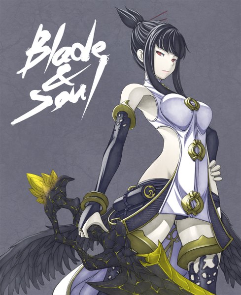 Anime picture 990x1214 with blade & soul ja momen (artist) single long hair tall image light erotic black hair red eyes grey background girl dress weapon detached sleeves wings huge weapon huge sword