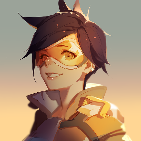 Anime picture 800x800 with overwatch blizzard entertainment tracer (overwatch) ask (askzy) single looking at viewer short hair smile brown hair brown eyes parted lips lipstick gradient background piercing portrait ear piercing pink lipstick girl goggles