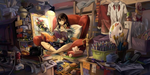 Anime picture 2400x1200 with original sony pepsi neko (yanshoujie) single long hair highres black hair wide image sitting brown eyes full body light girl food sweets headphones book (books) paper lamp