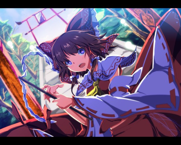 Anime picture 3500x2800 with touhou hakurei reimu minagokoro single looking at viewer highres short hair open mouth blue eyes black hair absurdres miko girl skirt bow hair bow detached sleeves skirt set gohei