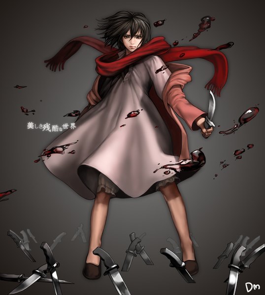 Anime picture 1000x1114 with shingeki no kyojin production i.g mikasa ackerman single tall image looking at viewer short hair black hair black eyes grey background girl dress scarf blood knife red scarf