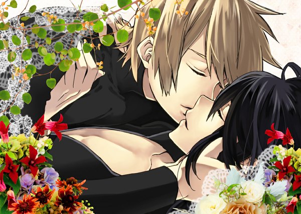 Anime picture 1060x757 with tales of (series) tales of vesperia yuri lowell flynn scifo tagme (artist) black hair blonde hair white background eyes closed open clothes multiple boys open shirt couple hug face to face kiss partially open clothes shounen ai boy flower (flowers)