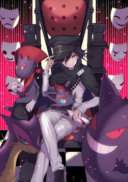 Anime picture 999x1413 with pokemon dangan ronpa new danganronpa v3 nintendo ouma kokichi gengar zorua weavile liepard zuizi tall image looking at viewer fringe short hair black hair smile hair between eyes sitting one eye closed black eyes