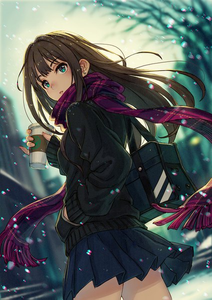 Anime picture 1000x1415 with idolmaster idolmaster cinderella girls shibuya rin kusano shinta single long hair tall image looking at viewer blush fringe hair between eyes brown hair standing holding green eyes outdoors long sleeves parted lips pleated skirt looking back