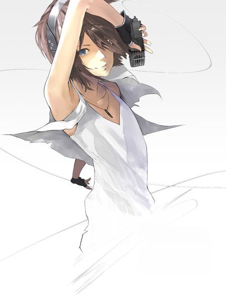 Anime picture 1000x1333 with original nil (artist) single tall image looking at viewer short hair blue eyes simple background smile brown hair white background gradient background girl dress white dress headphones fingerless gloves pendant microphone