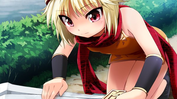 Anime picture 1280x720 with sangoku hime unicorn-a single short hair blonde hair red eyes wide image game cg loli girl weapon sword scarf