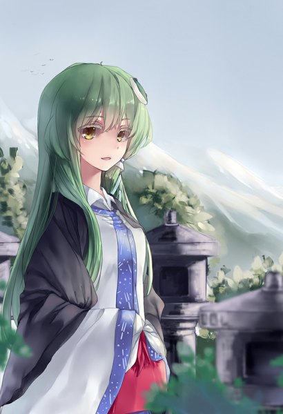 Anime picture 752x1100 with touhou kochiya sanae hug (yourhug) single long hair tall image looking at viewer blush open mouth yellow eyes sky traditional clothes green hair mountain girl hair ornament hairclip hair tubes