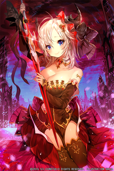 Anime picture 600x900 with gyakushuu no fantasica lilly (gyakushuu no fantasica) sorolp single tall image looking at viewer blush short hair breasts blue eyes light erotic smile white hair horn (horns) official art girl thighhighs dress weapon black thighhighs
