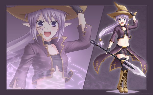 Anime picture 1920x1200 with original kaleina (ricegnat) ricegnat single long hair looking at viewer highres open mouth blue eyes wide image purple eyes purple hair pointy ears loli zoom layer girl thighhighs skirt navel weapon