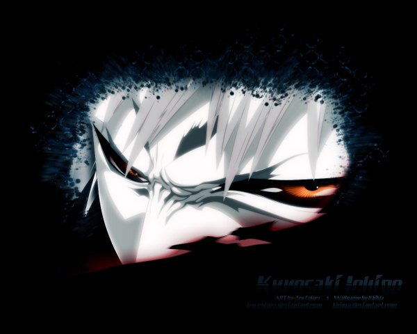 Anime picture 1280x1024 with bleach studio pierrot kurosaki ichigo khima single looking at viewer highres short hair simple background signed yellow eyes white hair wallpaper character names black background face white skin boy