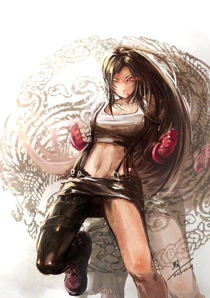 Anime picture 2480x3507 with final fantasy final fantasy vii square enix tifa lockhart b1944 single long hair tall image looking at viewer highres light erotic red eyes brown hair bare shoulders sunlight bare belly bare legs fantasy asymmetrical clothes girl