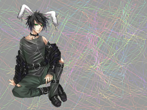 Anime picture 1307x980 with tagme (artist) single looking at viewer short hair black hair sitting bare shoulders green eyes light smile grey hair grey background bunny ears crossed legs piercing torn clothes bunny boy boy choker jacket belt