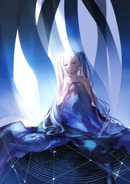 Anime picture 1748x2480 with vocaloid hatsune miku catsir single long hair tall image blush fringe highres blue eyes light erotic hair between eyes sitting twintails bare shoulders looking away silver hair shaded face covering girl