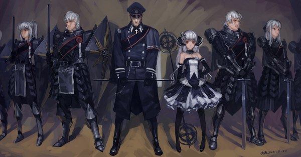 Anime picture 1136x595 with original pixiv fantasia pixiv pixiv fantasia v hjl long hair fringe red eyes wide image standing bare shoulders multiple girls silver hair ponytail multiple boys group warrior girl boy uniform