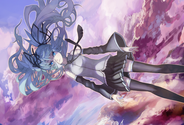 Anime picture 1500x1022 with vocaloid hatsune miku kansousamehada long hair blue eyes twintails sky cloud (clouds) aqua hair zettai ryouiki girl thighhighs skirt detached sleeves miniskirt