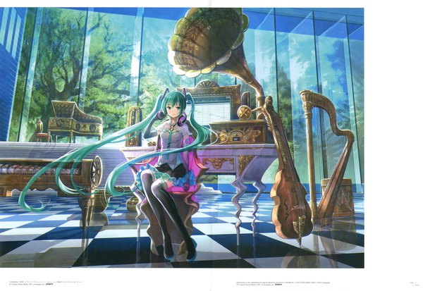 Anime picture 6781x4671 with vocaloid hatsune miku fuzichoco single looking at viewer highres sitting twintails absurdres full body indoors very long hair aqua eyes scan aqua hair zettai ryouiki sleeveless character names border checkered floor