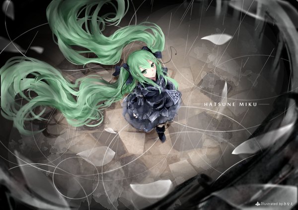 Anime picture 4093x2894 with vocaloid hatsune miku sanae (jomill04) single looking at viewer blush fringe highres twintails absurdres long sleeves very long hair aqua eyes from above aqua hair alternate costume character names girl bow ribbon (ribbons)