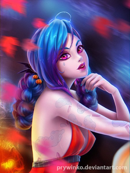 Anime picture 750x1000 with league of legends jinx (league of legends) olga narhova single long hair tall image breasts light erotic blue hair pink eyes lips realistic no bra tattoo lipstick eyebrows pink lipstick girl dress red dress