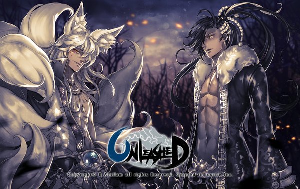 Anime picture 1024x647 with unleashed r.alnilam long hair fringe black hair red eyes animal ears yellow eyes silver hair tail open clothes open jacket multiple boys multiple tails boy choker jacket 2 boys