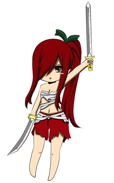 Anime picture 2000x3210 with fairy tail erza scarlet markoldea single long hair tall image fringe highres brown eyes red hair hair over one eye transparent background chibi girl navel weapon sword