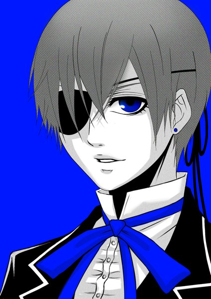 Anime picture 1447x2046 with kuroshitsuji a-1 pictures ciel phantomhive tall image looking at viewer short hair blue eyes simple background smile monochrome blue background aristocrat boy earrings bowtie eyepatch suit